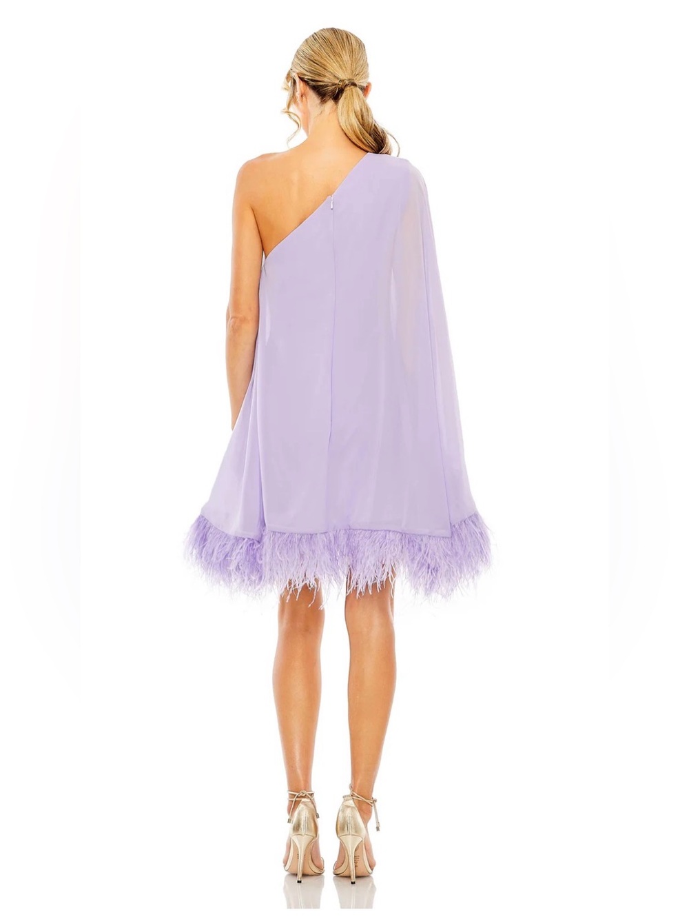 NWT 11623 Mac Duggal Size 6 One Shoulder Trapeze Dress with Feather Trim “Lilac” - Picture 2 of 9